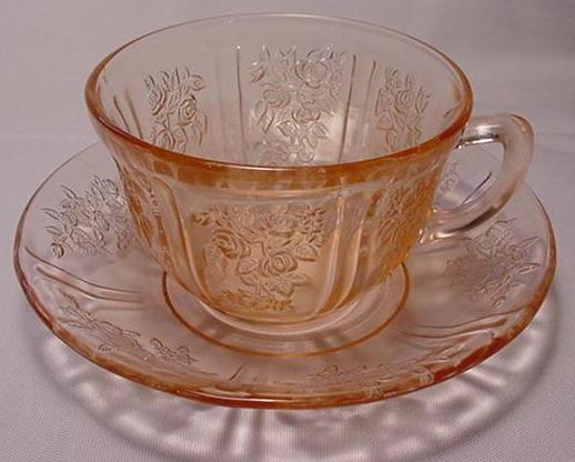 Set of  Cup & Saucer Federal Glass Sharon Cabbage Rose Pink 1 